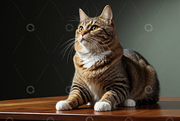 趴在木桌上的虎斑猫