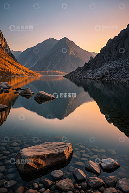 山间平静湖水与岩石景观