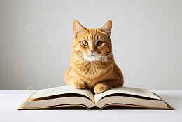 橘猫趴在翻开的书本上