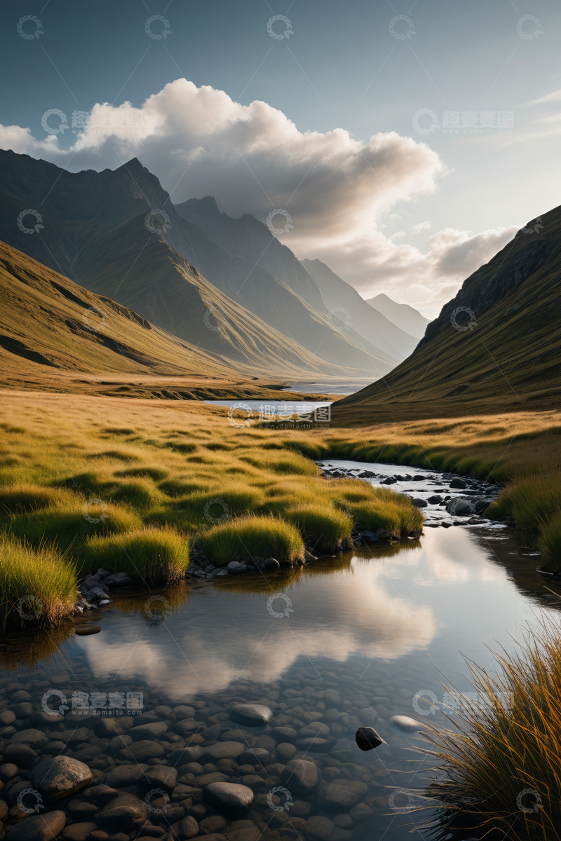 高清大图下载【趣麦麦图】山间溪流与草原风光