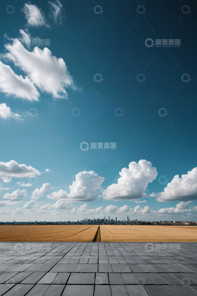 高清大图下载【趣麦麦图】田野城市天际线与蓝天白云