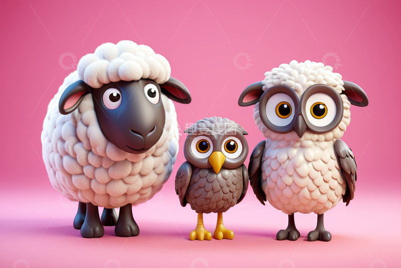 高清大图下载【趣麦麦图】卡通绵羊与猫头鹰形象素材