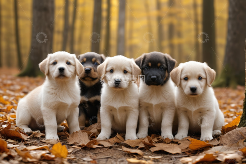 高清大图下载【趣麦麦图】树林中五只小狗坐立的场景