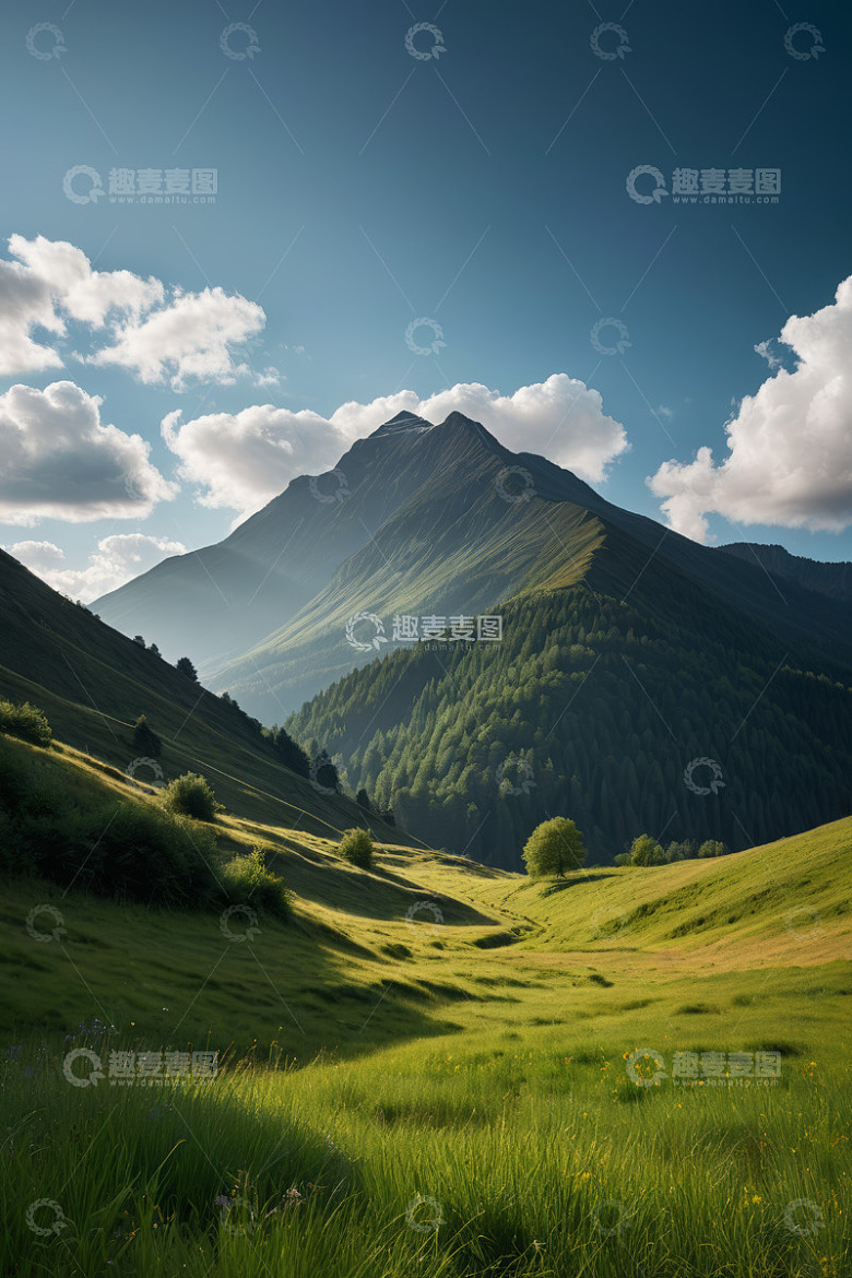 山间绿色草地与巍峨山峰景观