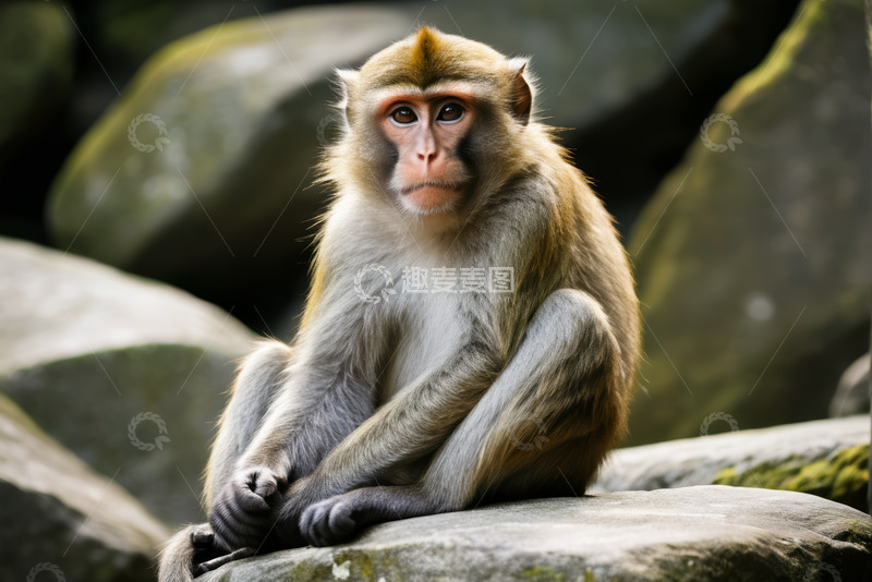 高清大图下载【趣麦麦图】石上坐立的猴子特写
