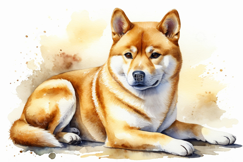 高清大图下载【趣麦麦图】水彩风格柴犬趴卧素材