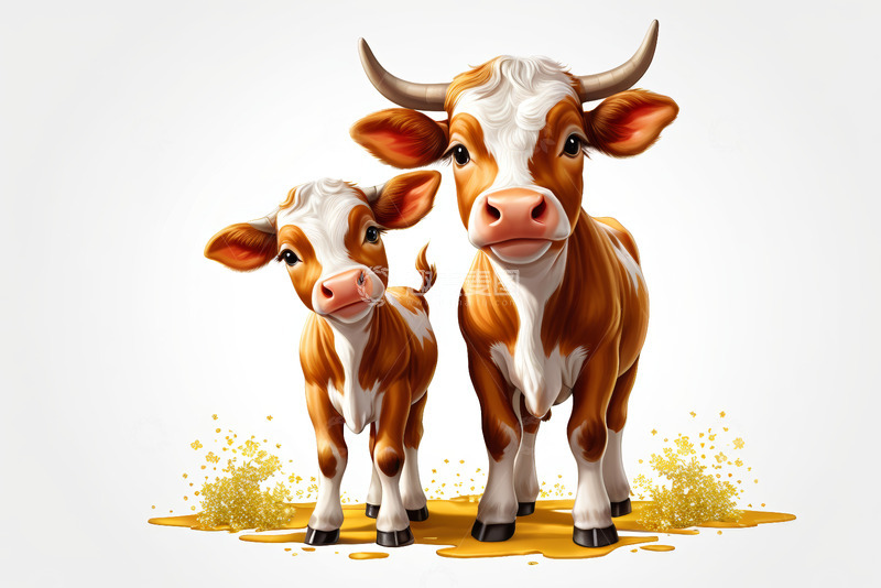 高清大图下载【趣麦麦图】卡通风格母牛与小牛形象