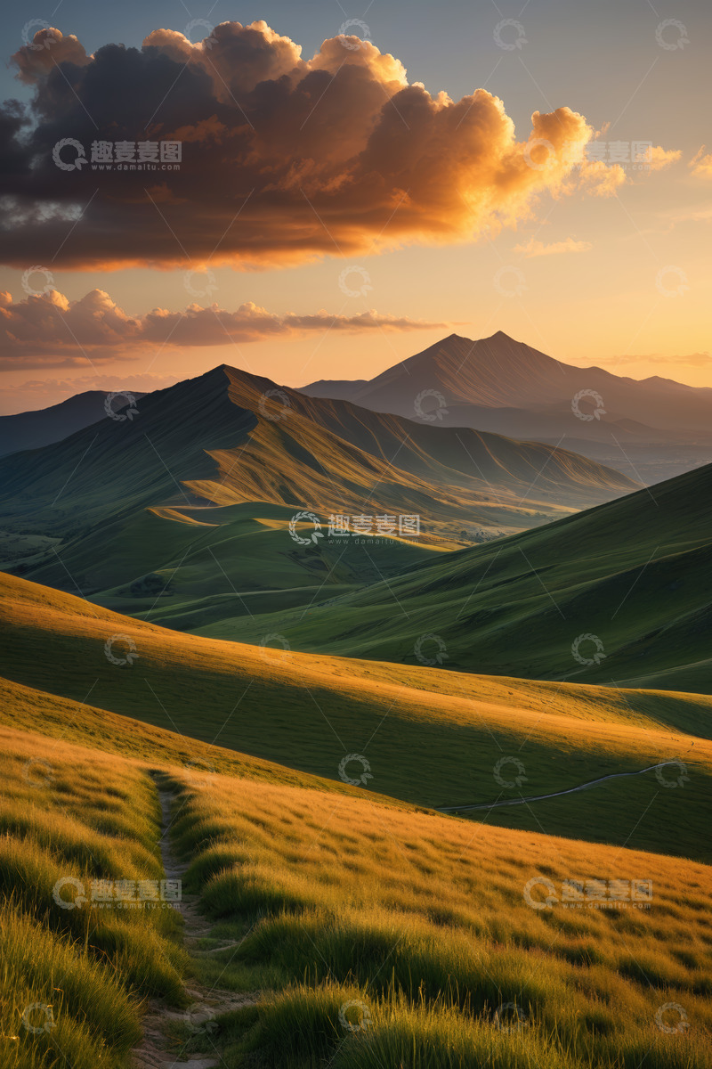 高清大图下载【趣麦麦图】黄昏时分山间草原风景