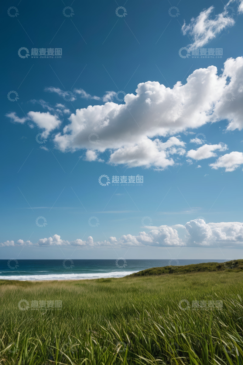 高清大图下载【趣麦麦图】海边草地蓝天白云自然景象