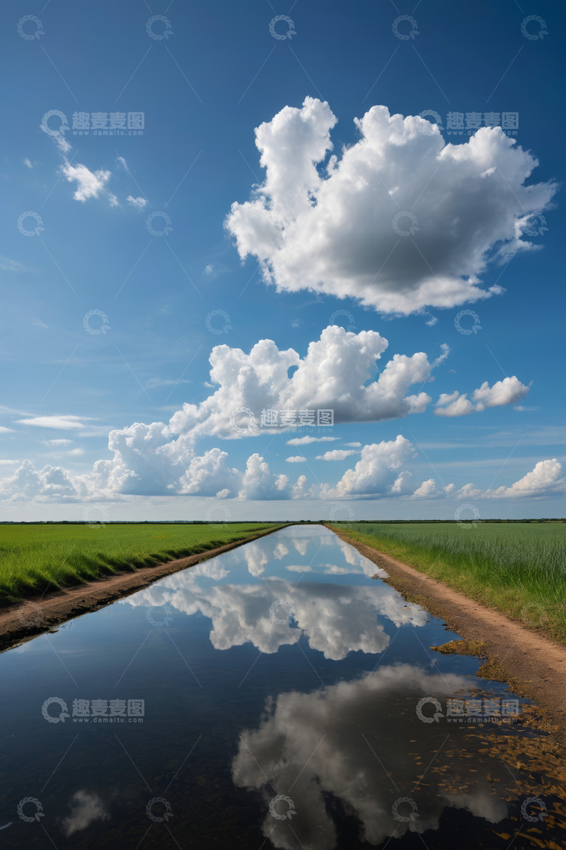 高清大图下载【趣麦麦图】田园水渠蓝天白云倒影景观