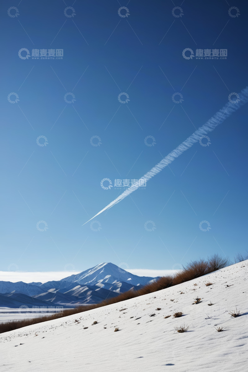 高清大图下载【趣麦麦图】雪山雪地蓝天飞机尾迹景象