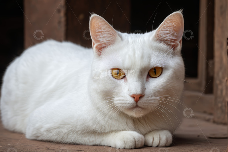 高清大图下载【趣麦麦图】趴卧的白色猫咪特写