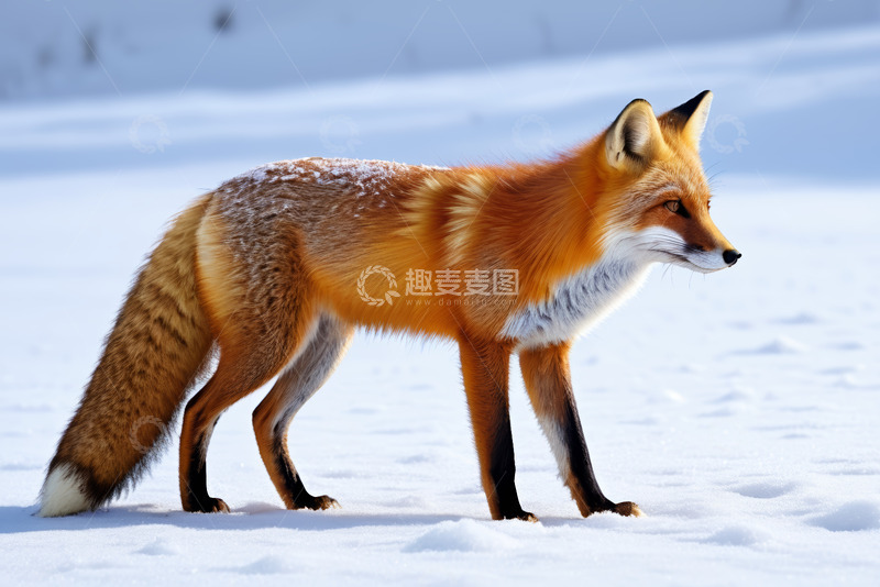 高清大图下载【趣麦麦图】雪地中的红狐狸站立画面