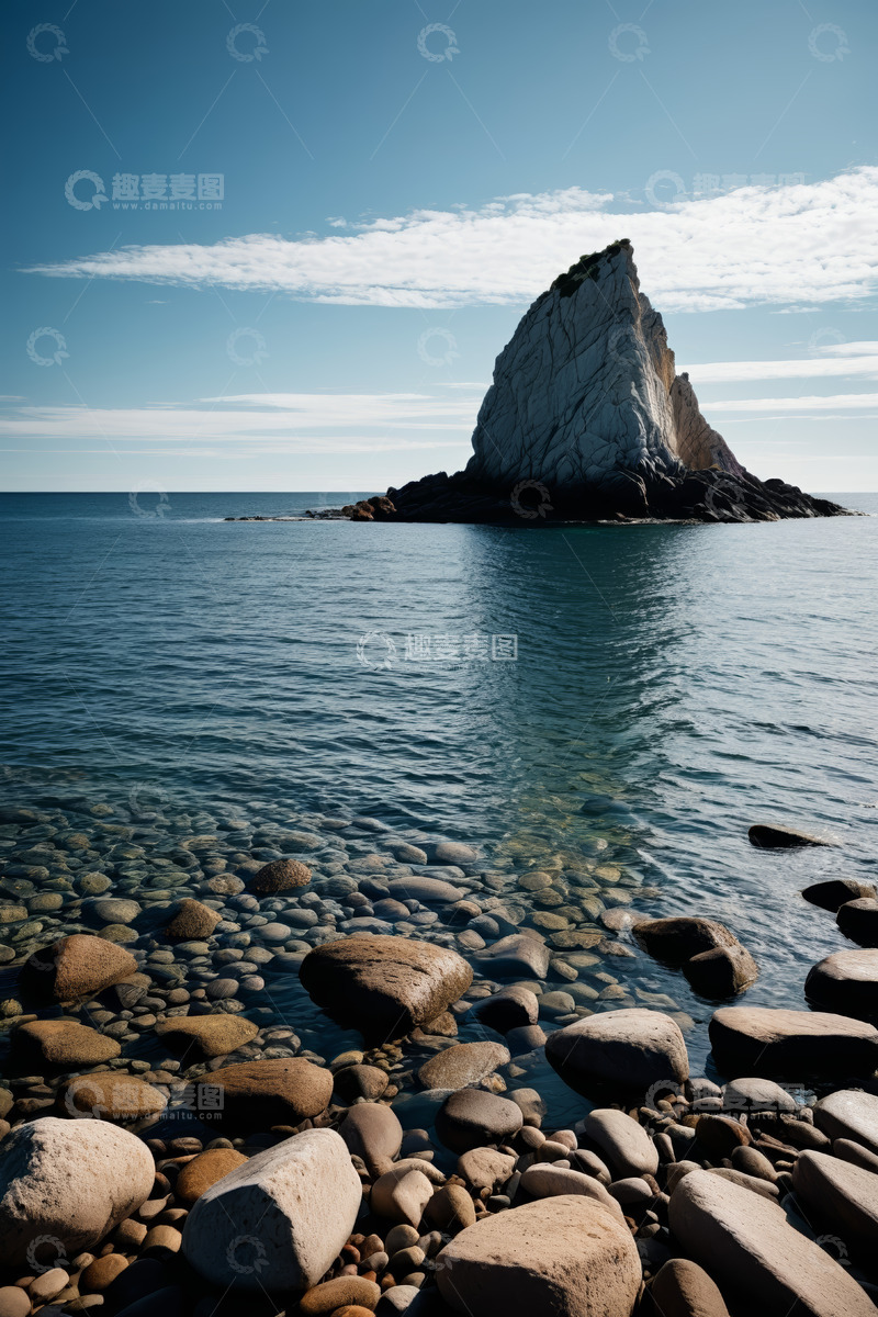 高清大图下载【趣麦麦图】海边矗立的孤岩与碎石滩