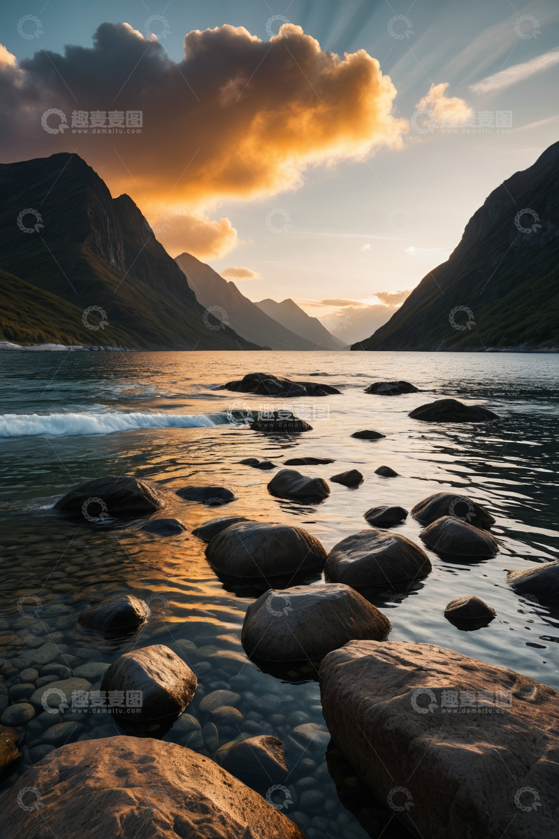 高清大图下载【趣麦麦图】峡湾山水夕阳自然风光