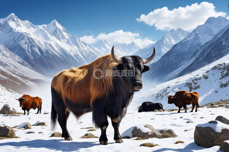 高清大图下载【趣麦麦图】雪山下的野生牦牛群