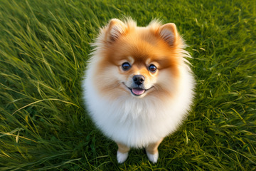 草地上可爱的博美犬抬头望