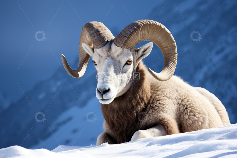 高清大图下载【趣麦麦图】雪山下休憩的大角公羊