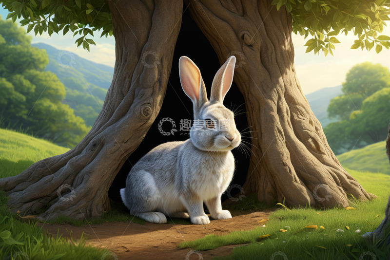 高清大图下载【趣麦麦图】树洞旁的白兔自然风光场景