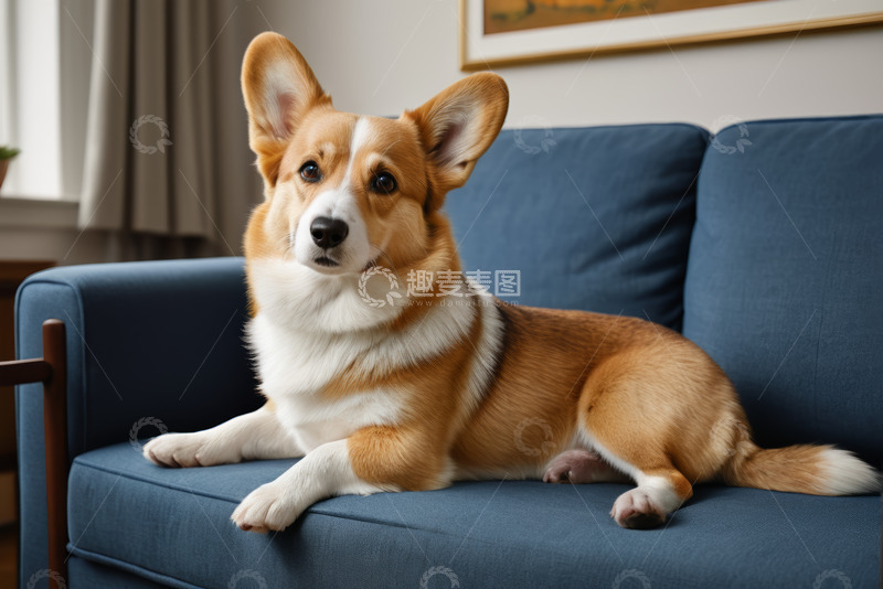 高清大图下载【趣麦麦图】柯基犬趴在蓝色沙发上
