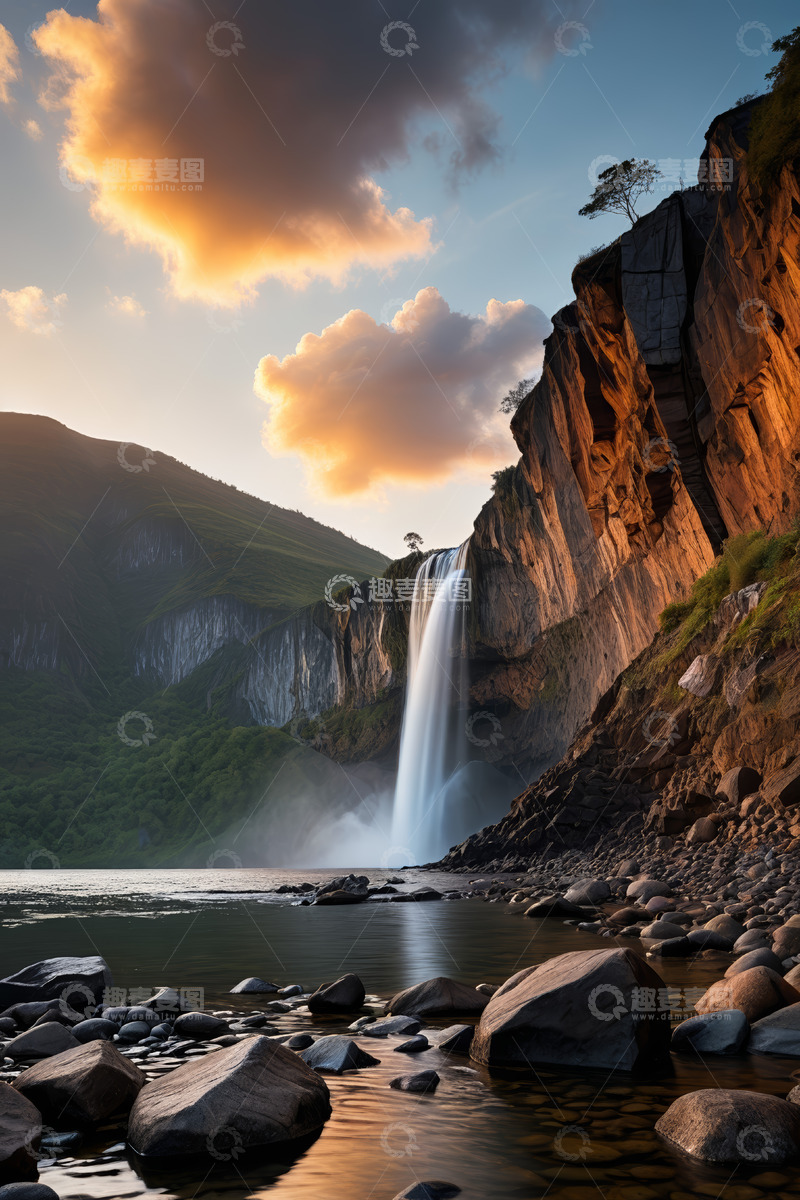 高清大图下载【趣麦麦图】夕阳下的山间瀑布景观