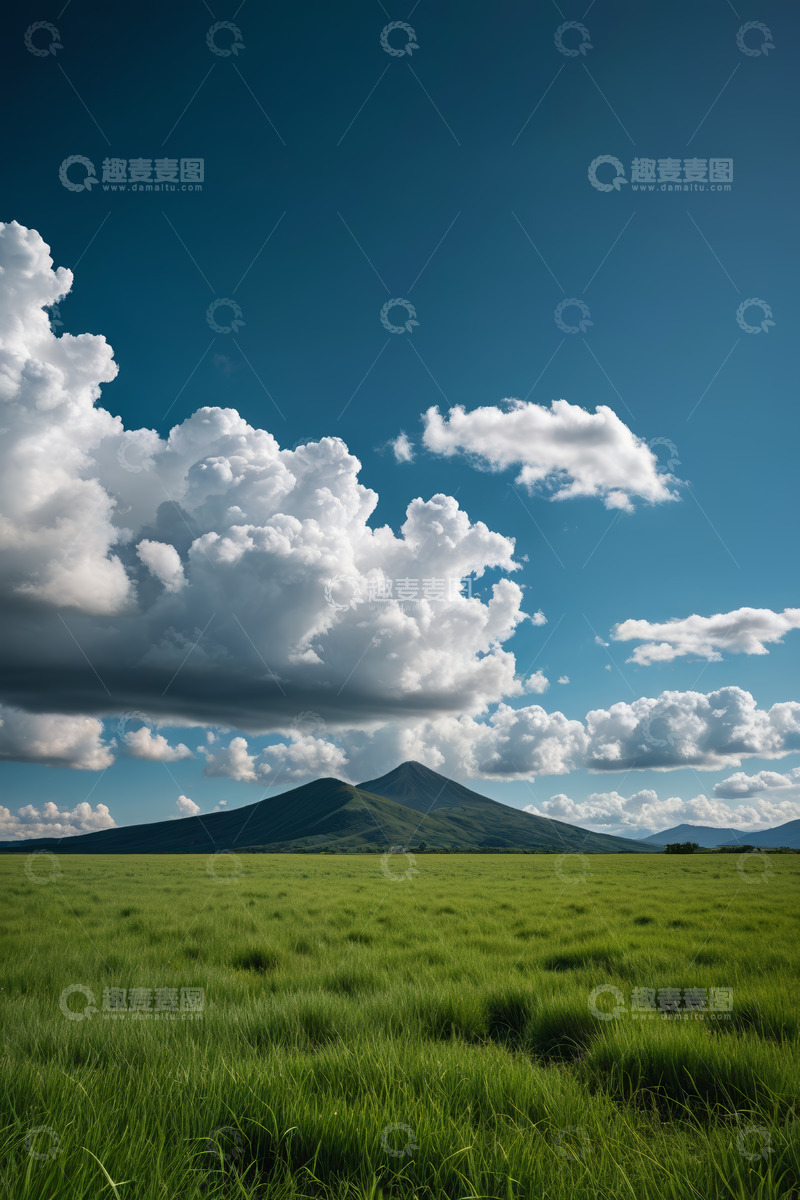 高清大图下载【趣麦麦图】草原上的山脉与蓝天白云景观