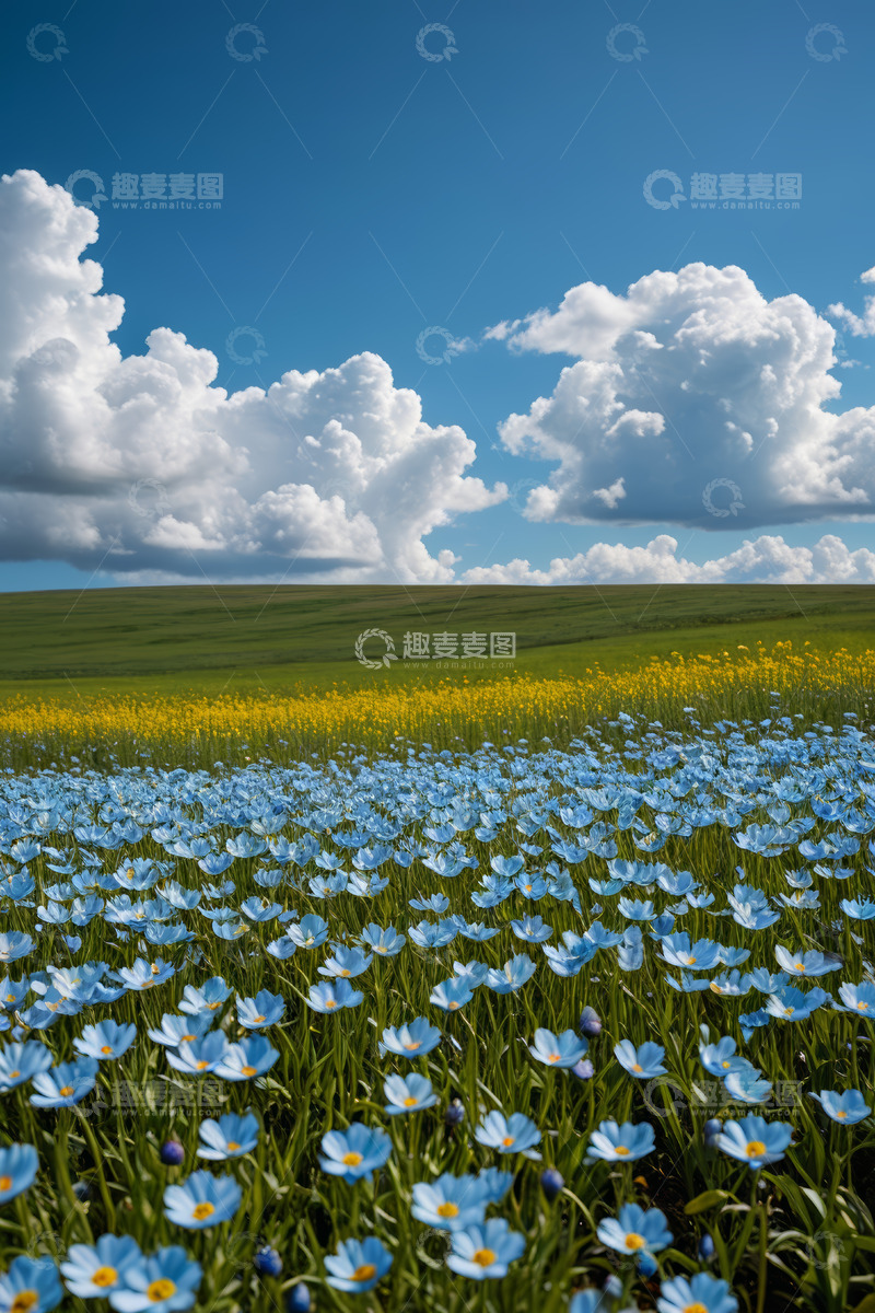 高清大图下载【趣麦麦图】户外蓝黄相间花海与蓝天白云