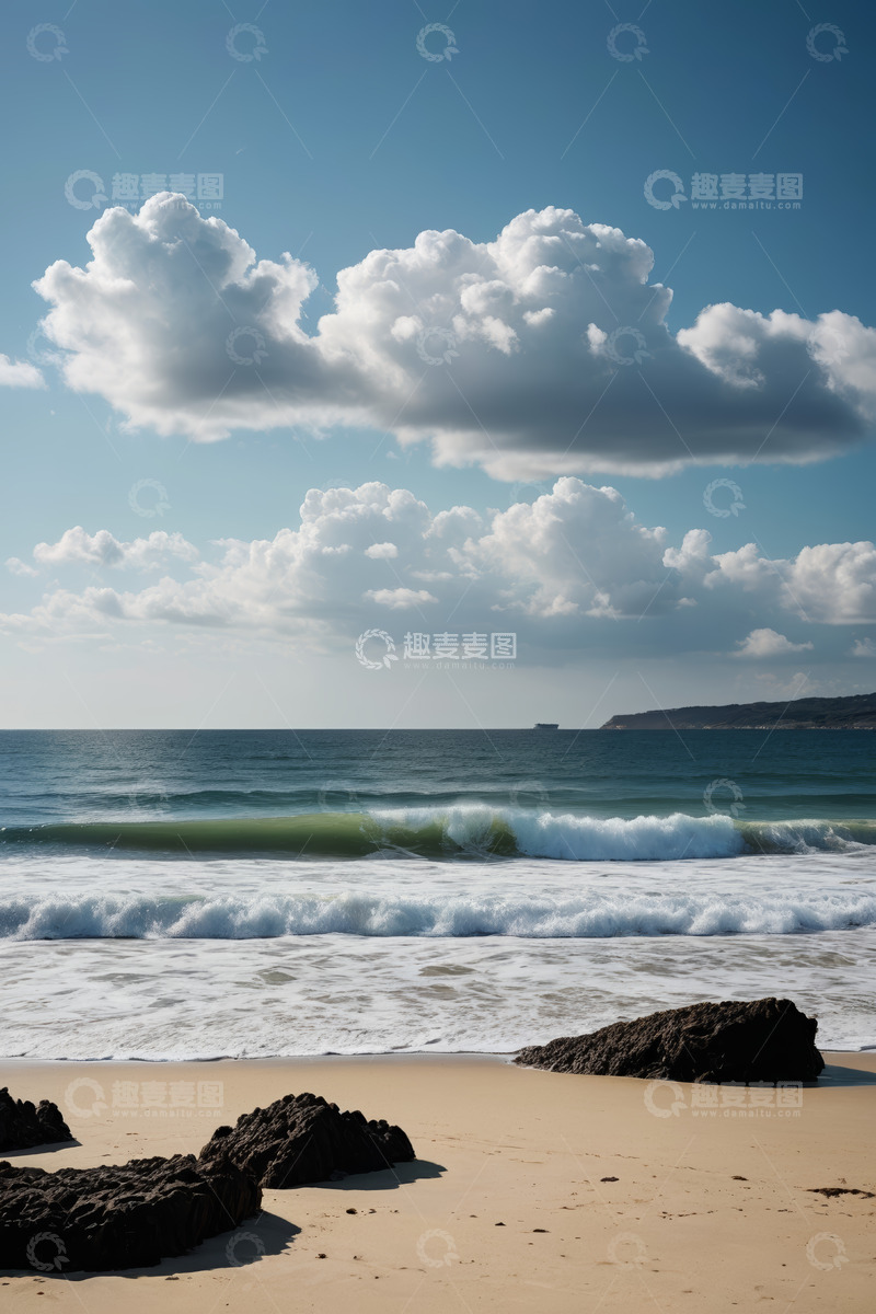 高清大图下载【趣麦麦图】蓝天白云下的海浪沙滩景象