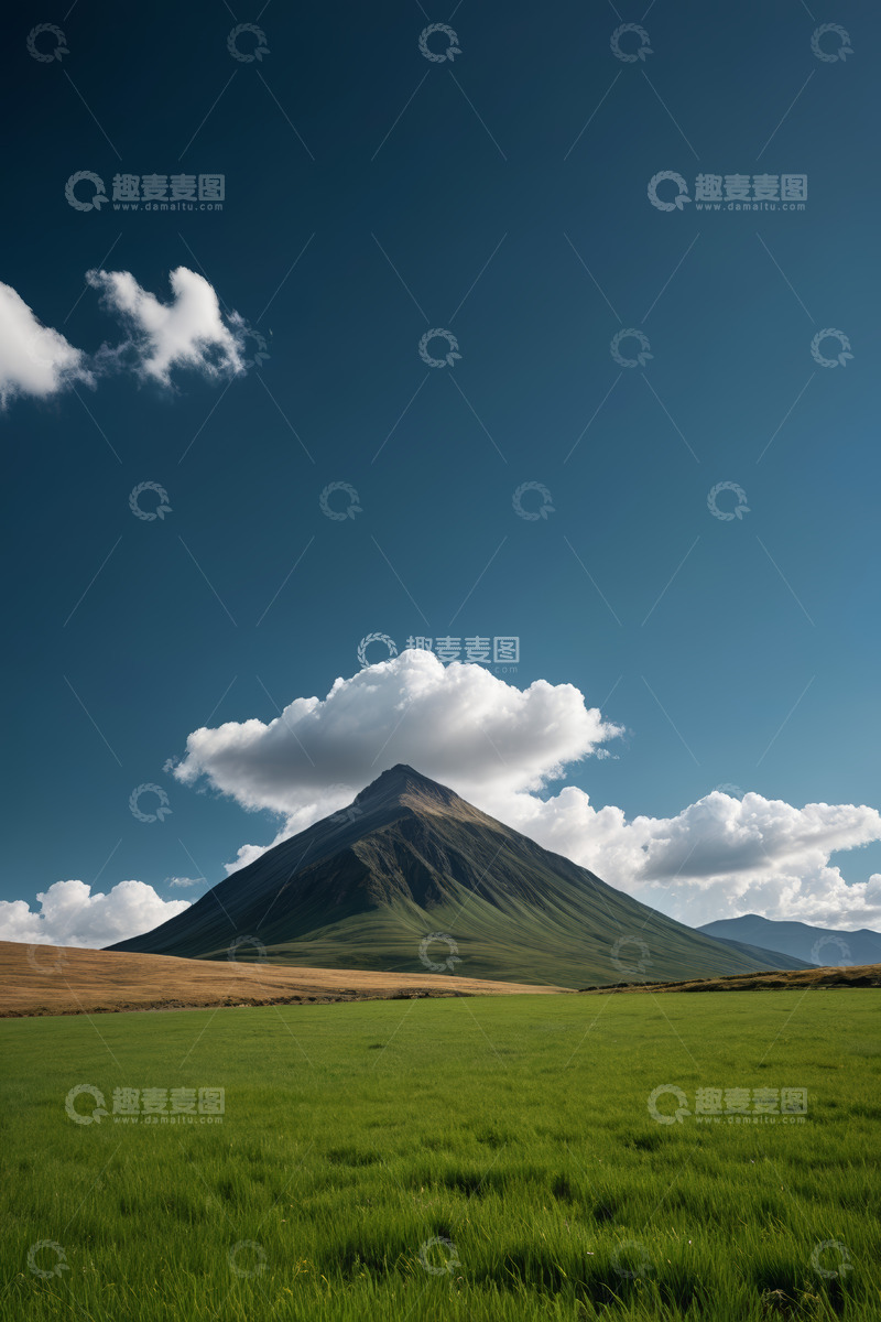 高清大图下载【趣麦麦图】草原上的高山与蓝天白云景观