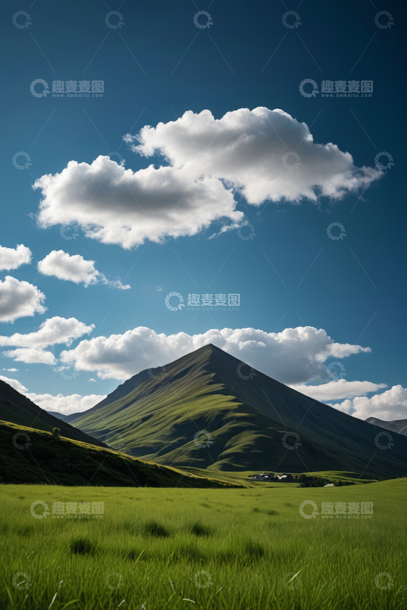 高清大图下载【趣麦麦图】蓝天白云下的青山绿草地景观