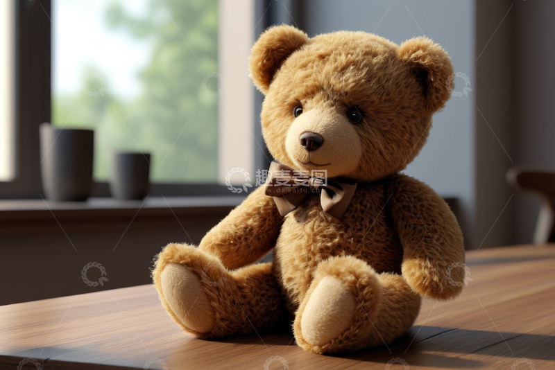 高清大图下载【趣麦麦图】棕色泰迪熊玩具置于室内桌面