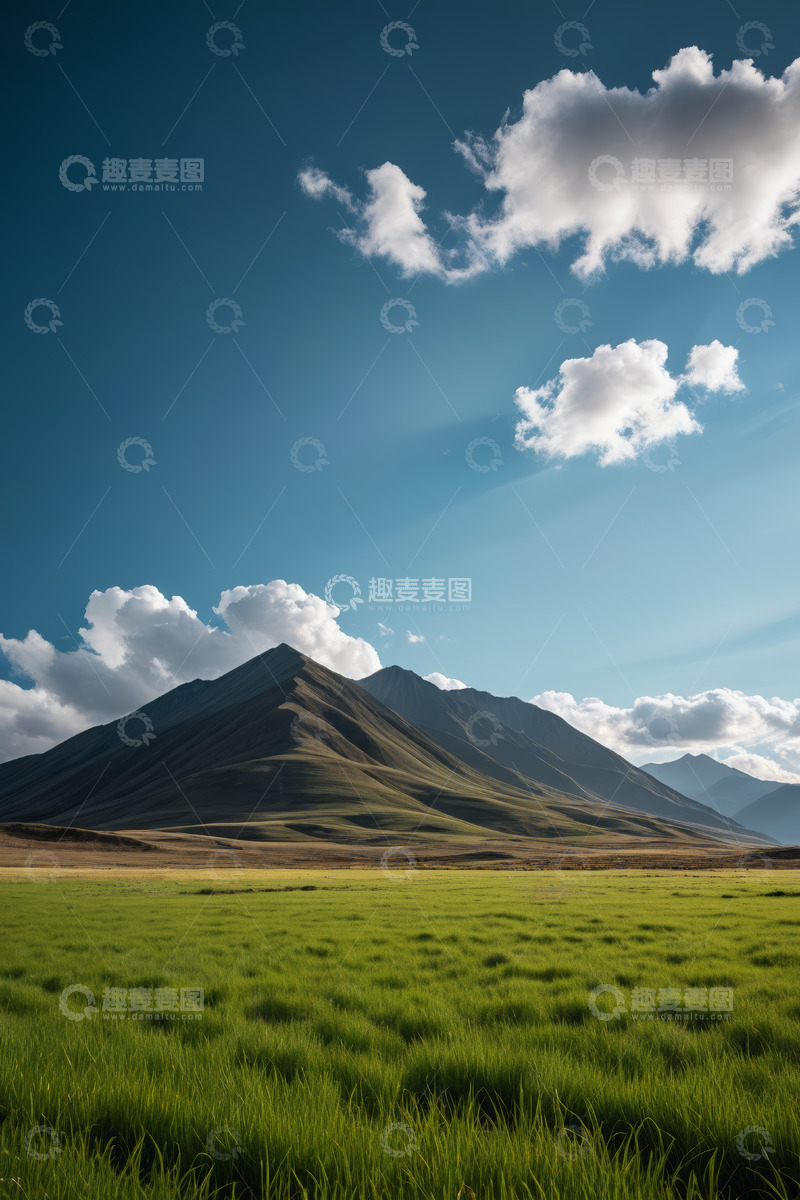 高清大图下载【趣麦麦图】蓝天白云下的草原与远山风景