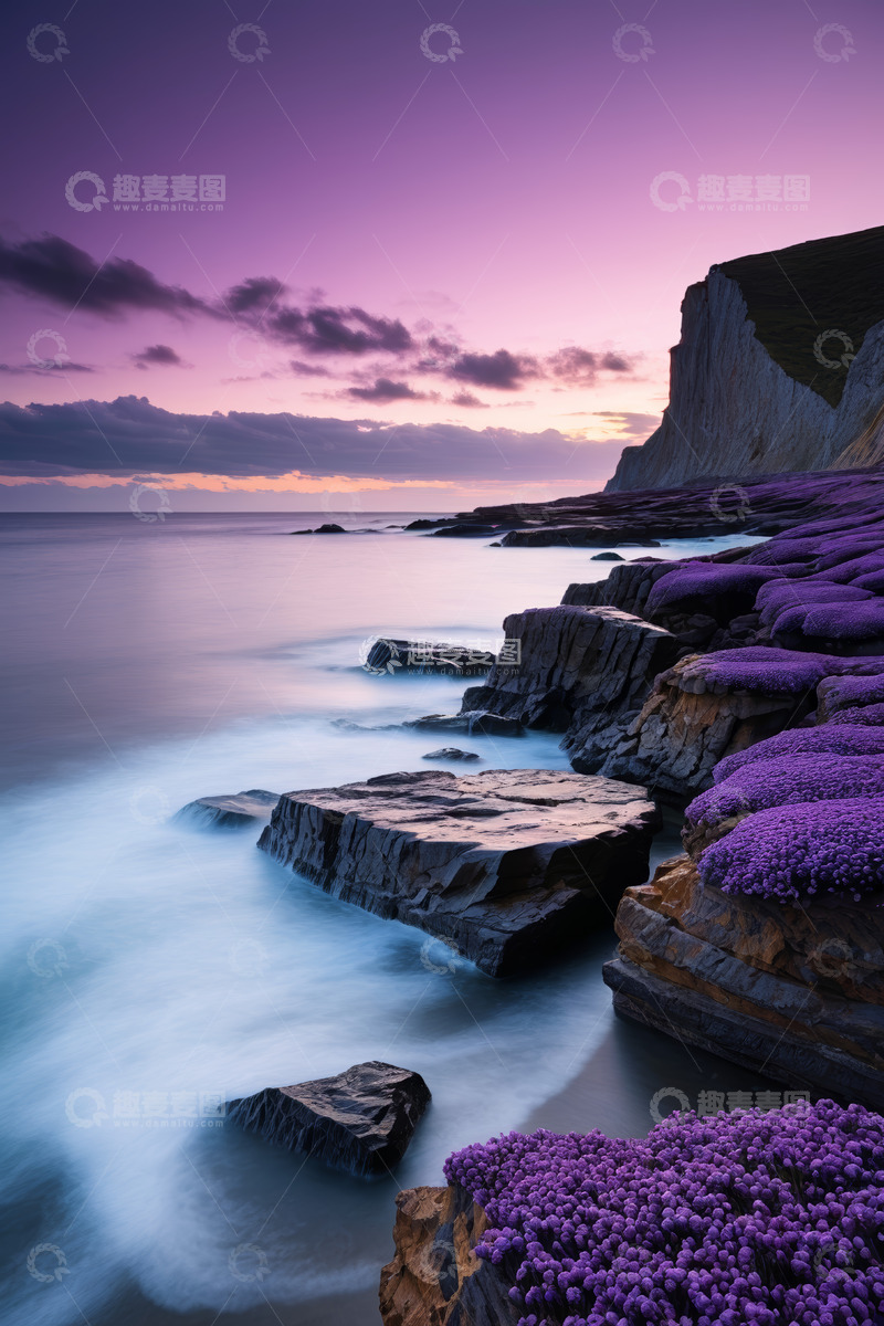高清大图下载【趣麦麦图】海边紫色花卉与悬崖景观