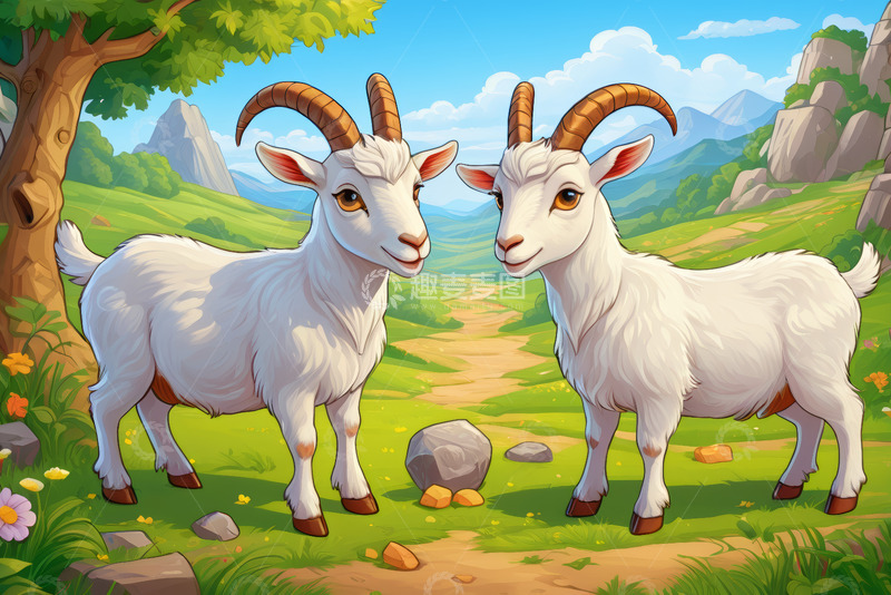 高清大图下载【趣麦麦图】田园中站立的两只山羊