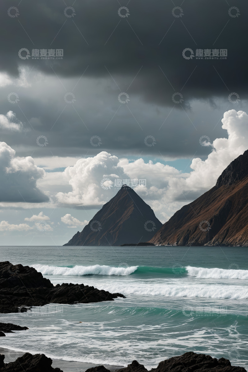 高清大图下载【趣麦麦图】海边山脉与海浪风景