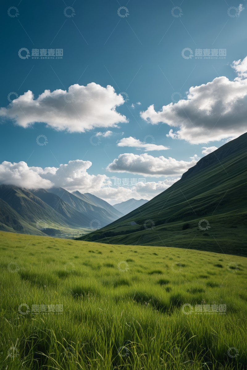 高清大图下载【趣麦麦图】青山草地蓝天白云风景