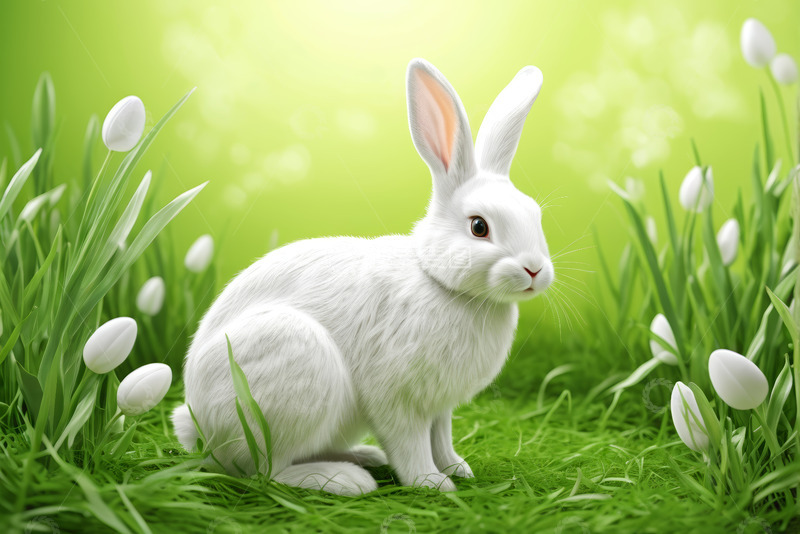 高清大图下载【趣麦麦图】草地上的白色兔子
