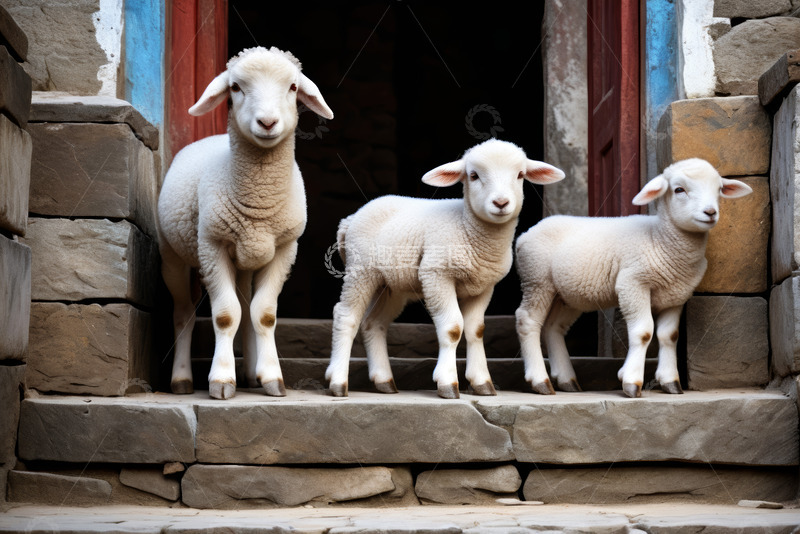 高清大图下载【趣麦麦图】石屋前站立的三只小羊