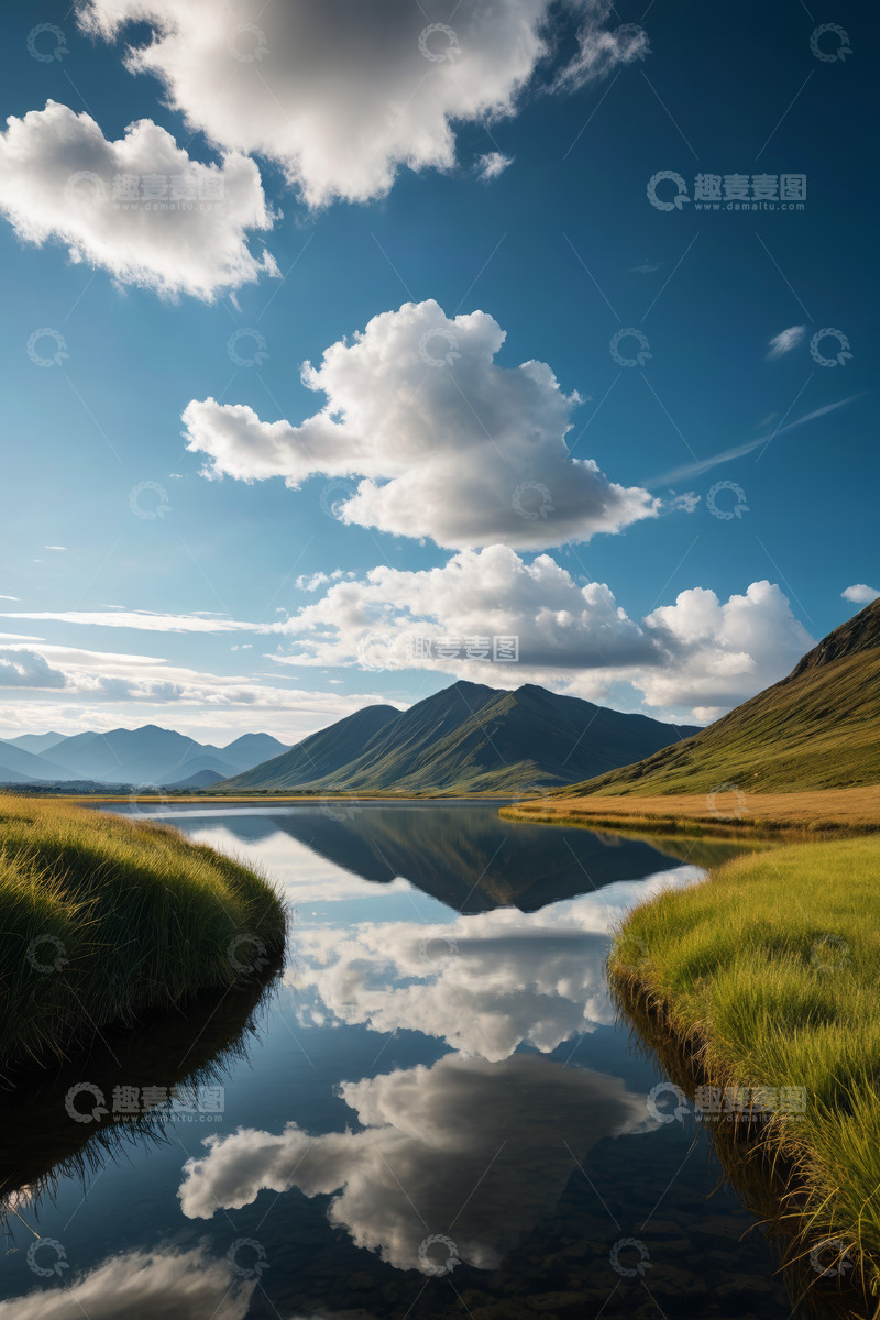 高清大图下载【趣麦麦图】山水间蓝天白云下的自然风景