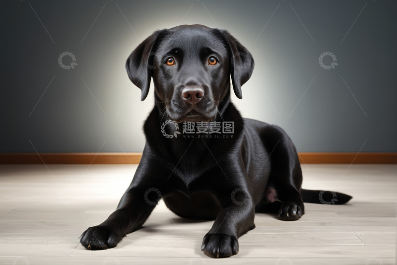 高清大图下载【趣麦麦图】黑色拉布拉多犬趴坐室内