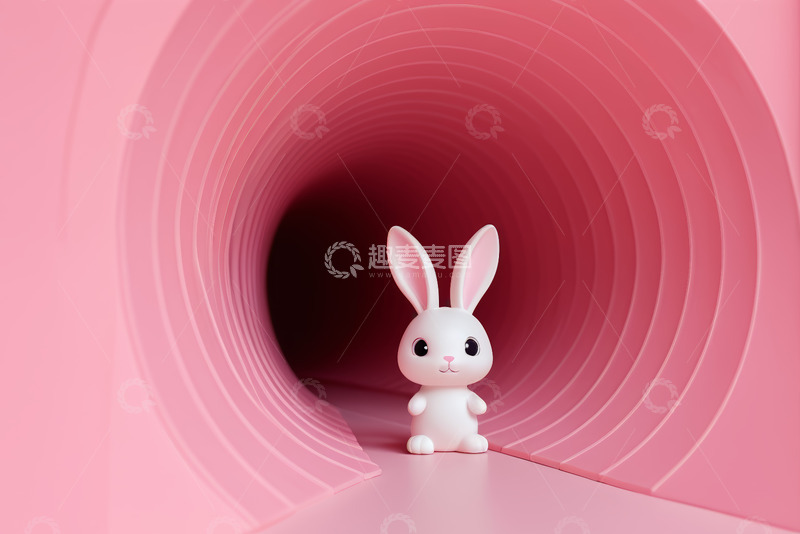 高清大图下载【趣麦麦图】粉色隧道中的白色兔子玩偶
