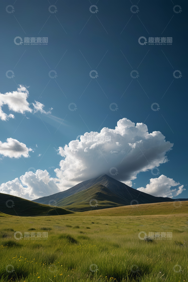 高清大图下载【趣麦麦图】蓝天白云下的草原与远山景观