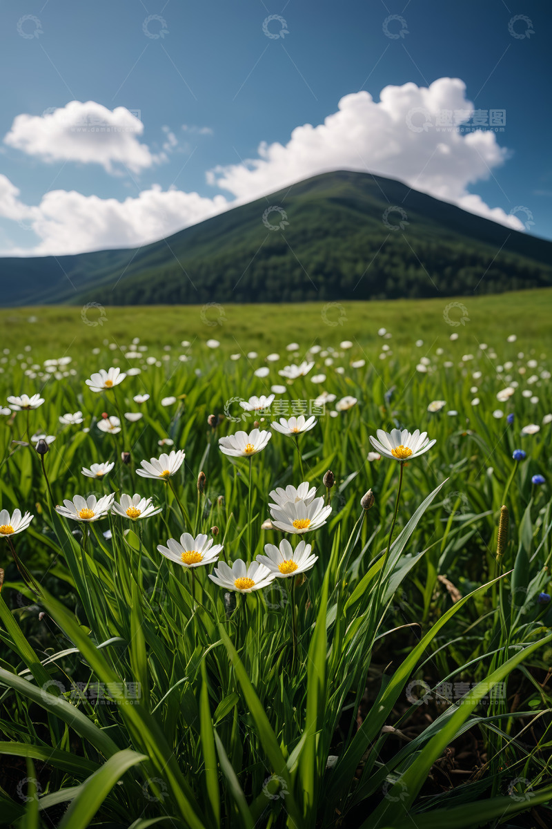 高清大图下载【趣麦麦图】草原上盛开的白色小花与远山