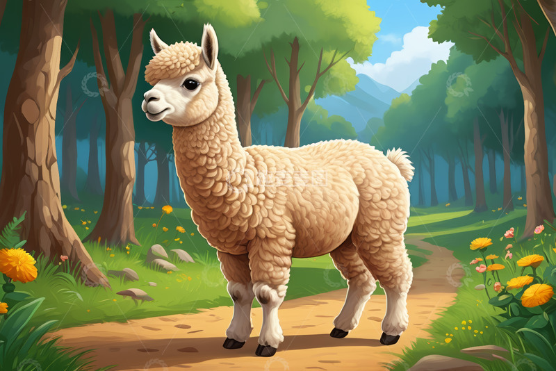 高清大图下载【趣麦麦图】森林中站立的羊驼插画素材