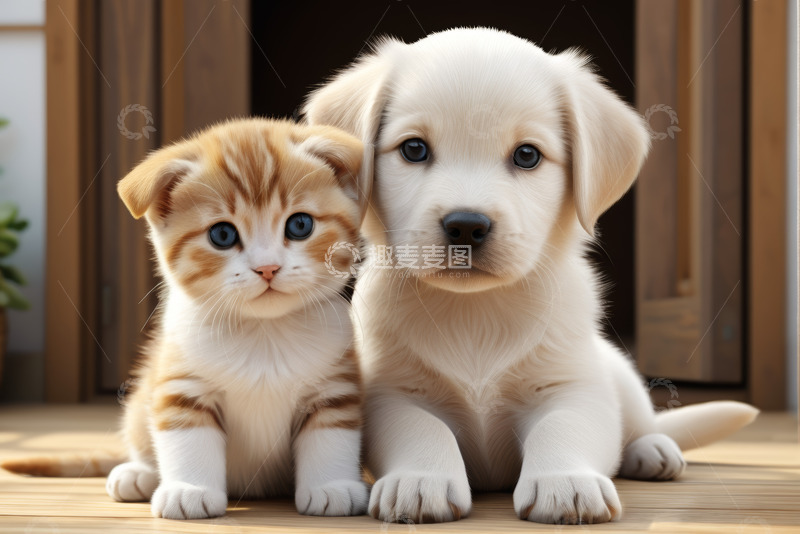高清大图下载【趣麦麦图】小猫小狗并排趴坐画面
