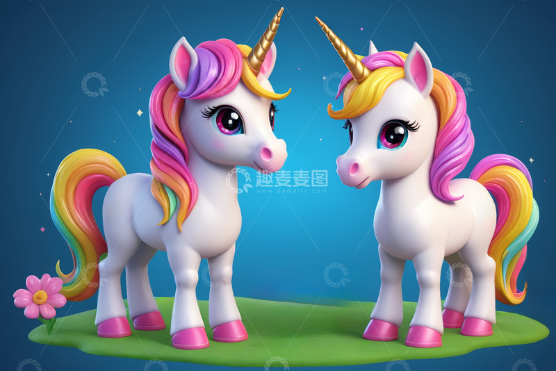 高清大图下载【趣麦麦图】双只彩色卡通独角兽形象