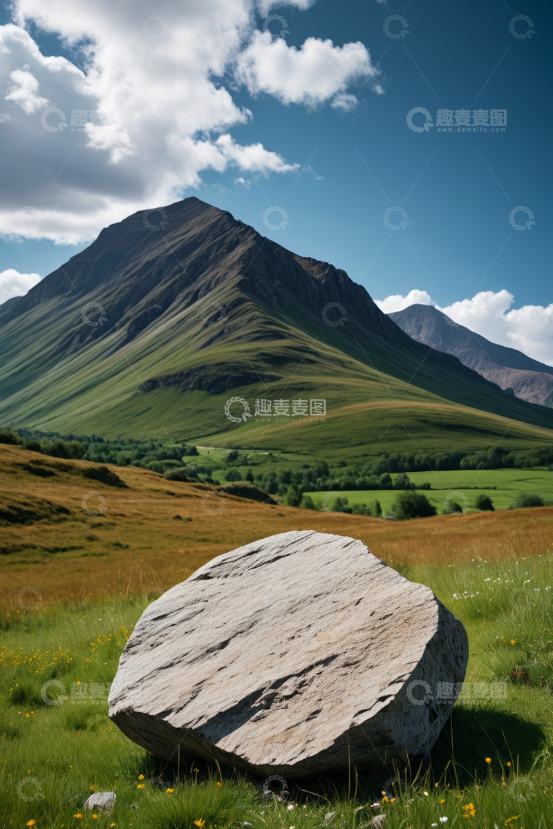 高清大图下载【趣麦麦图】户外草地巨石与远山风景