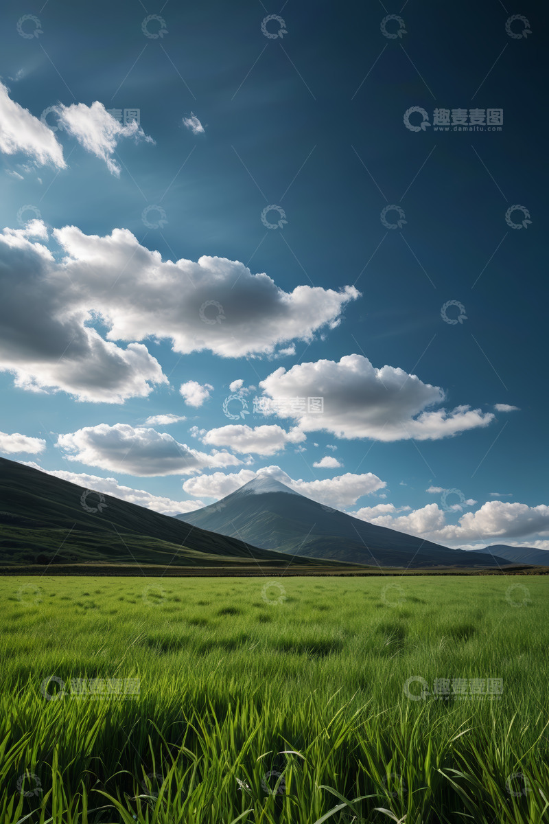 高清大图下载【趣麦麦图】蓝天白云下的草原与远山景观