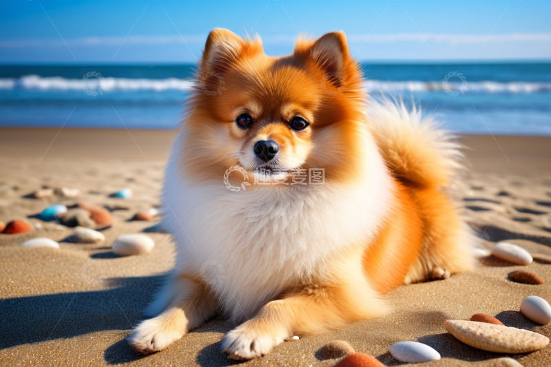 高清大图下载【趣麦麦图】沙滩上的博美犬
