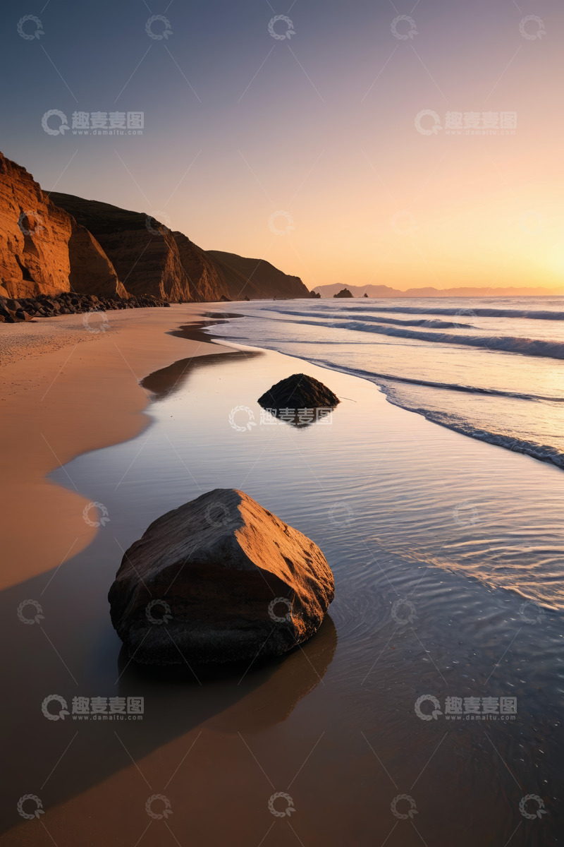 高清大图下载【趣麦麦图】海滩夕阳下的岩石与海浪景观